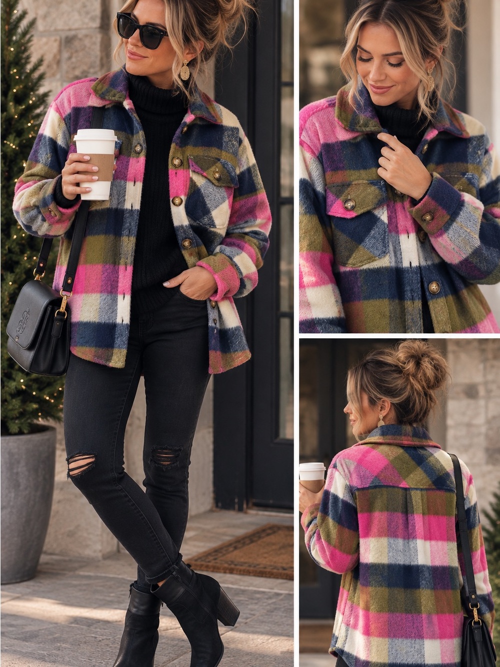 NWOT Time and Tru Plaid Shacket Women’s Small Pink Navy Oversized Shirt Jacket